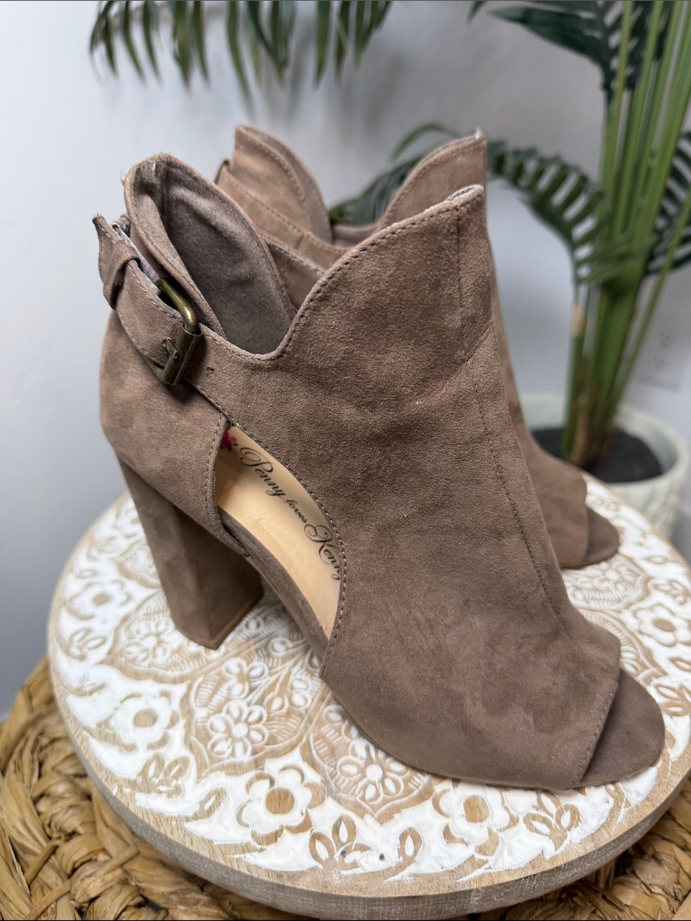 Suede Boots Peep-Toe Block Heel Size 7